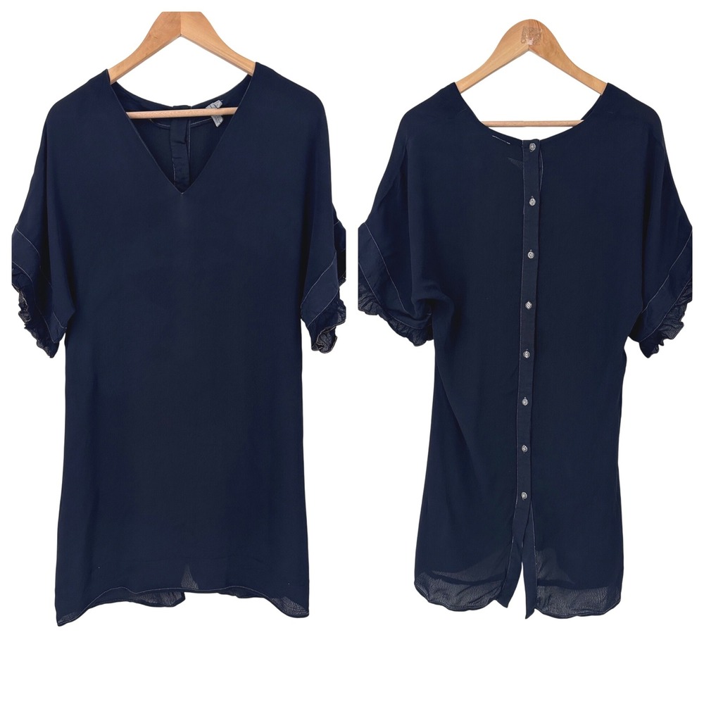 BLANK LONDON Navy Viscose Ruffle Sleeve V Neck Button Back Dress‎ Size Small